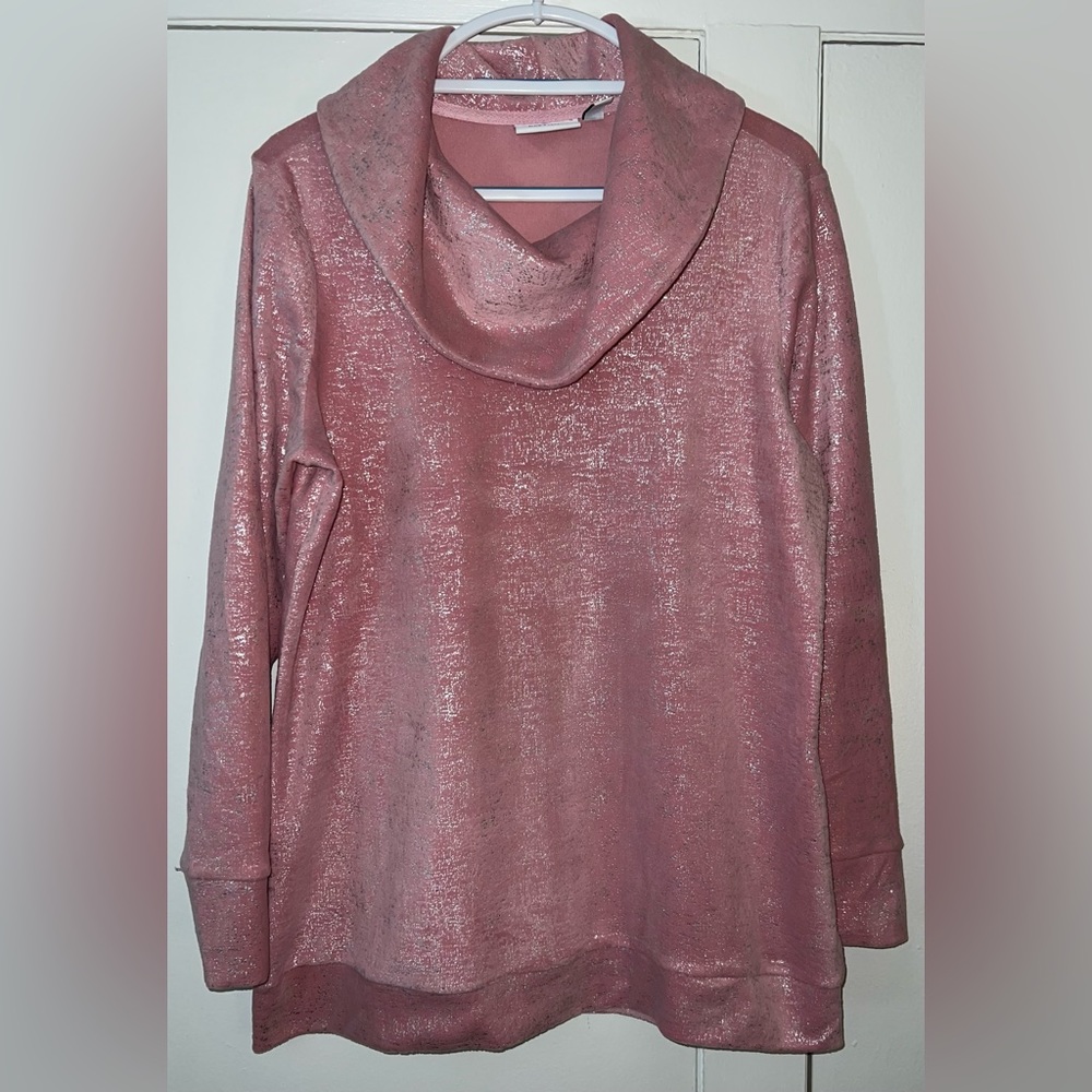 Denim & Co. ‘pink blush’ velour foil crosshatch cowl-neck tunic Size Medium
